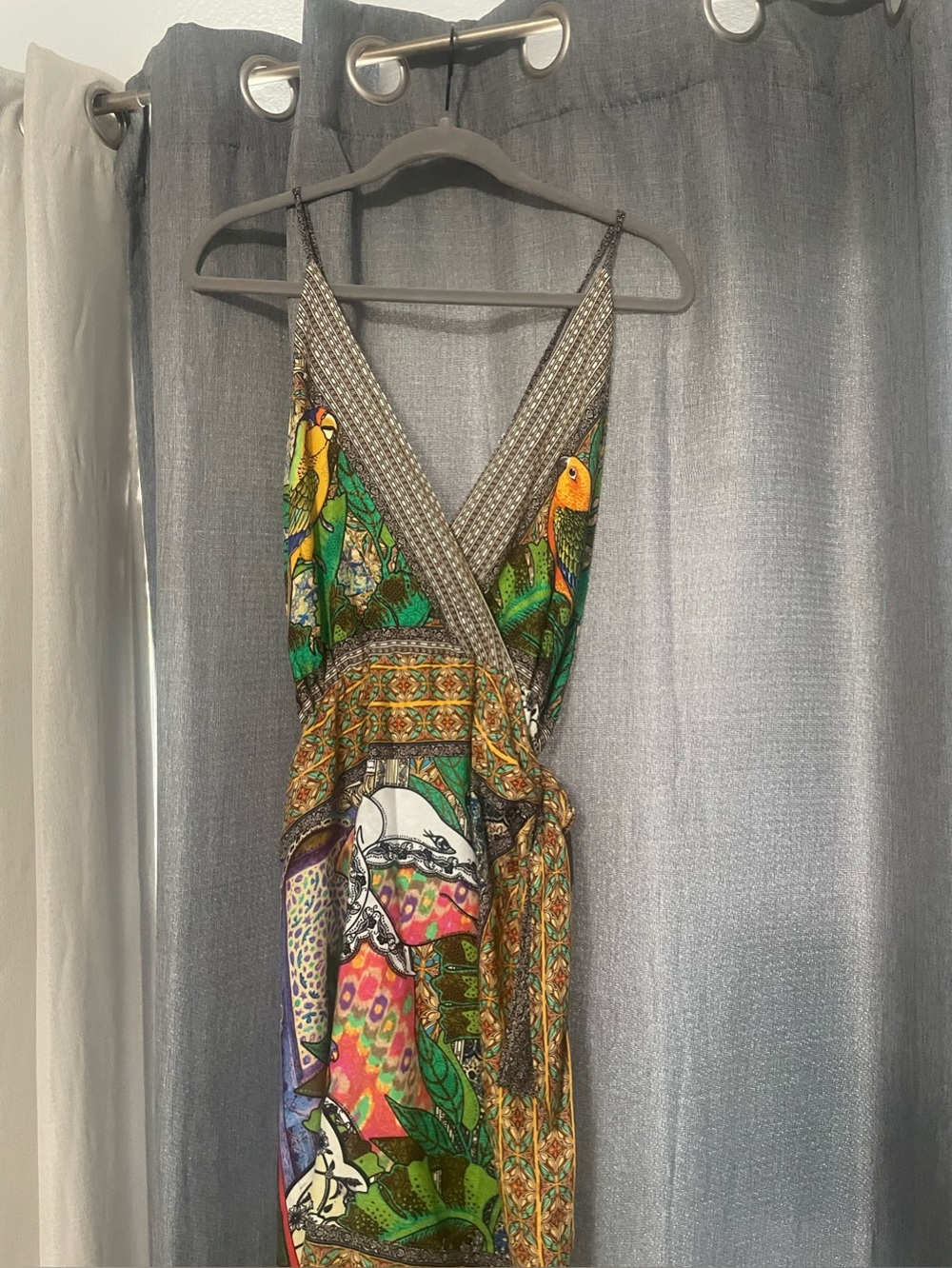 Farm Rio Green Multi-Print Wrap Dress zip side  with V-Neck